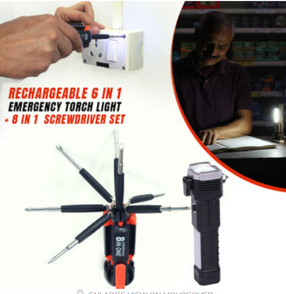 Rechargeable 6 in 1 Emergency Torch Light + 8 in 1 Screwdriver Set